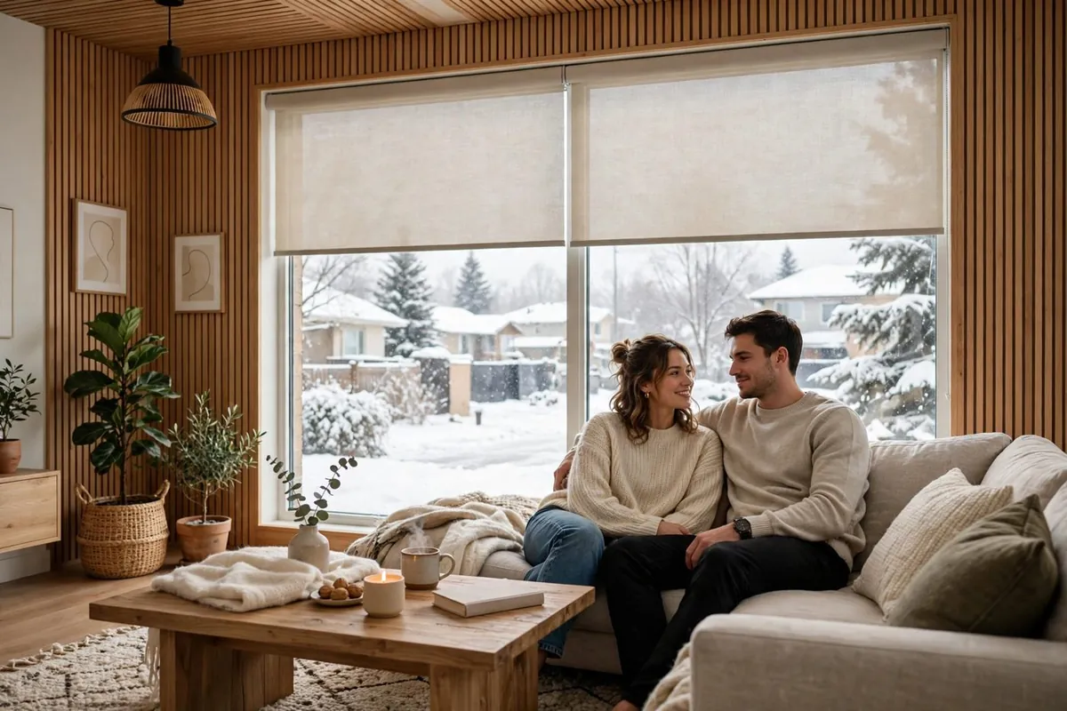 Custom blinds on a living room window in a Canadian winter